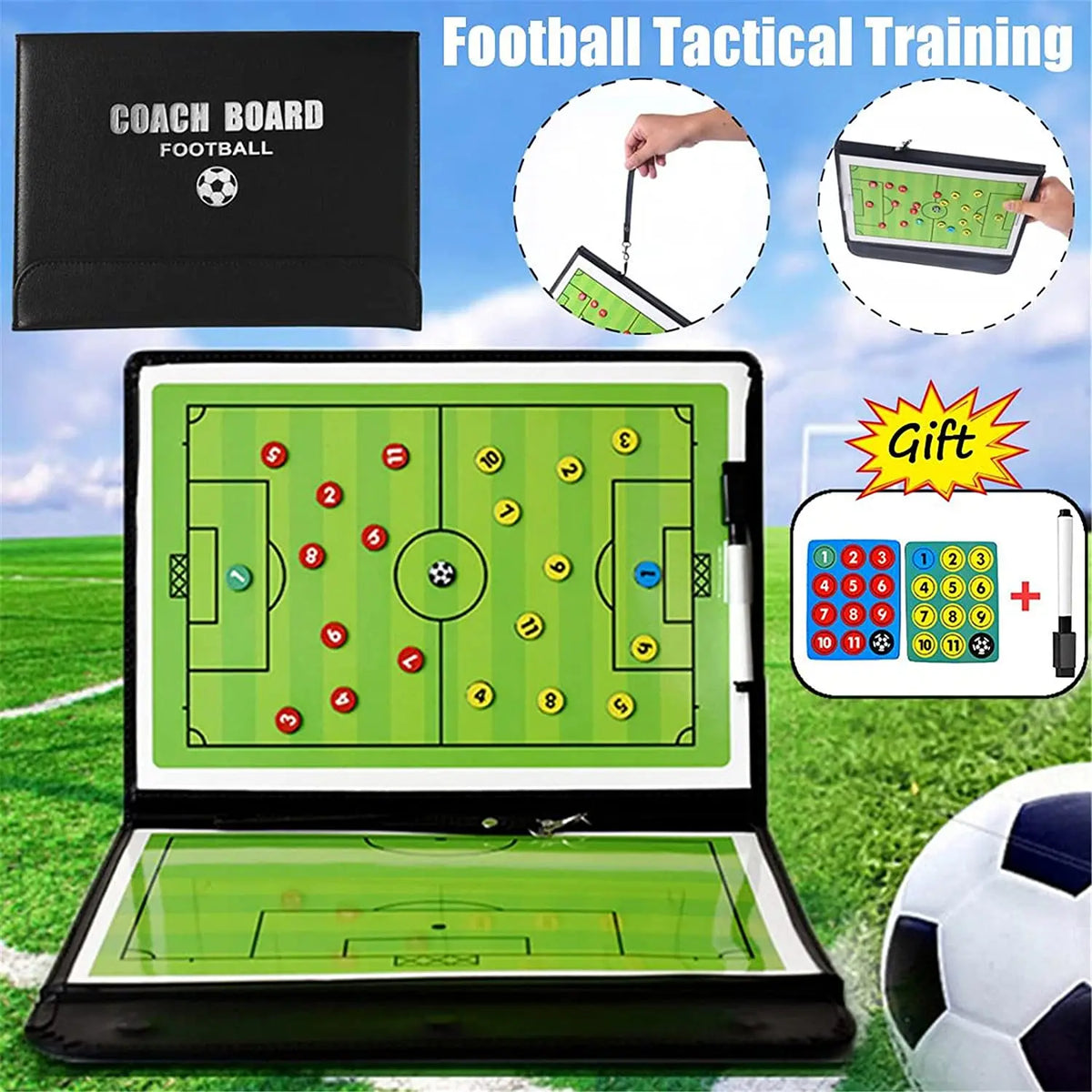 A foldable magnetic soccer coaching board displayed on a laptop, showing a green field with markers and goals.