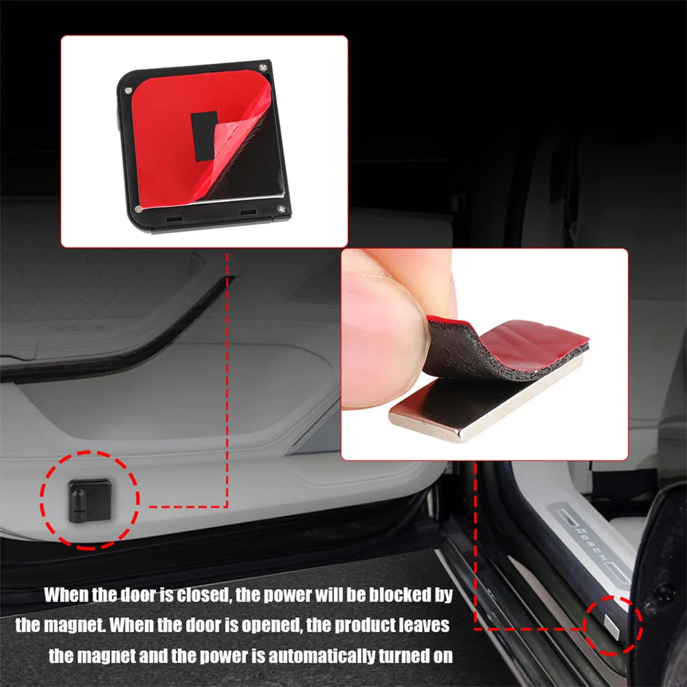 A close-up of an LED car door welcome light module and its installation on a car door panel.