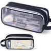 A clear mesh pencil pouch with a black exterior holding various writing tools and supplies.