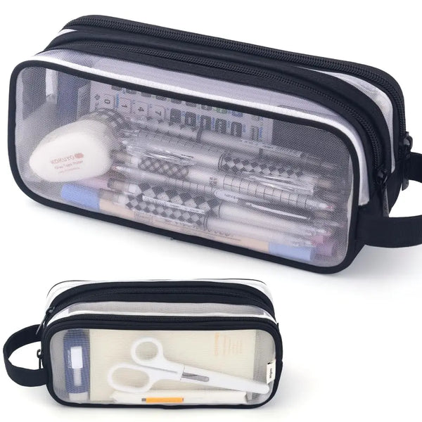 A clear mesh pencil pouch with a black exterior holding various writing tools and supplies.
