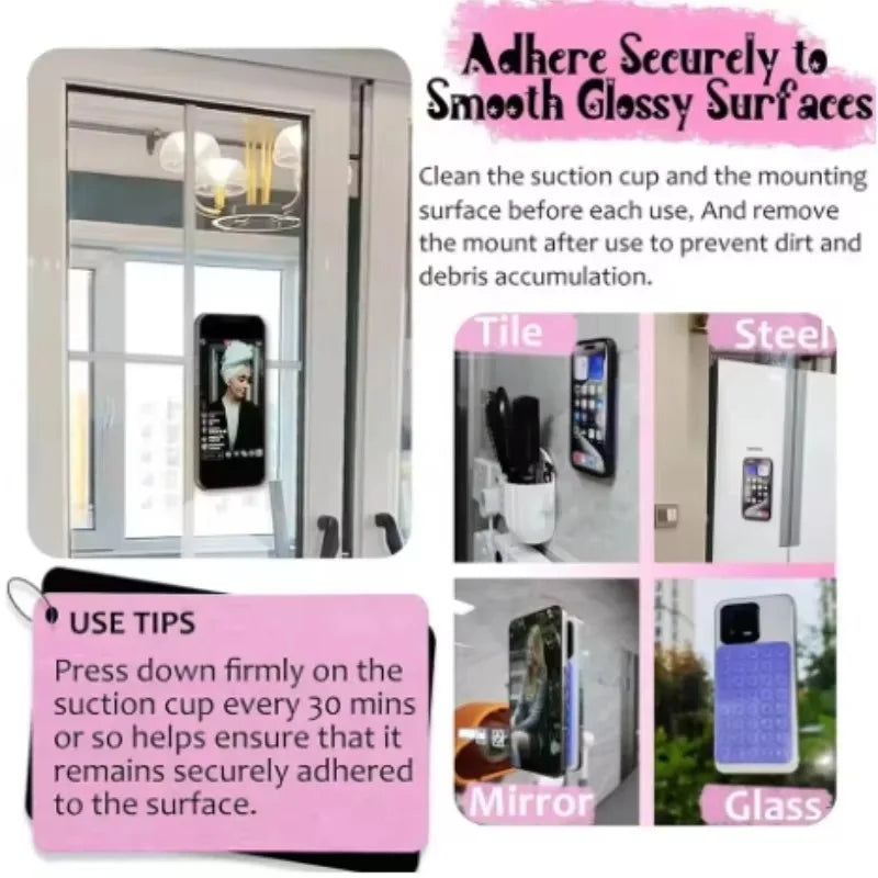 Instructions for adhering a double-sided silicone phone mount grip to smooth glossy surfaces like tile, steel, and glass.