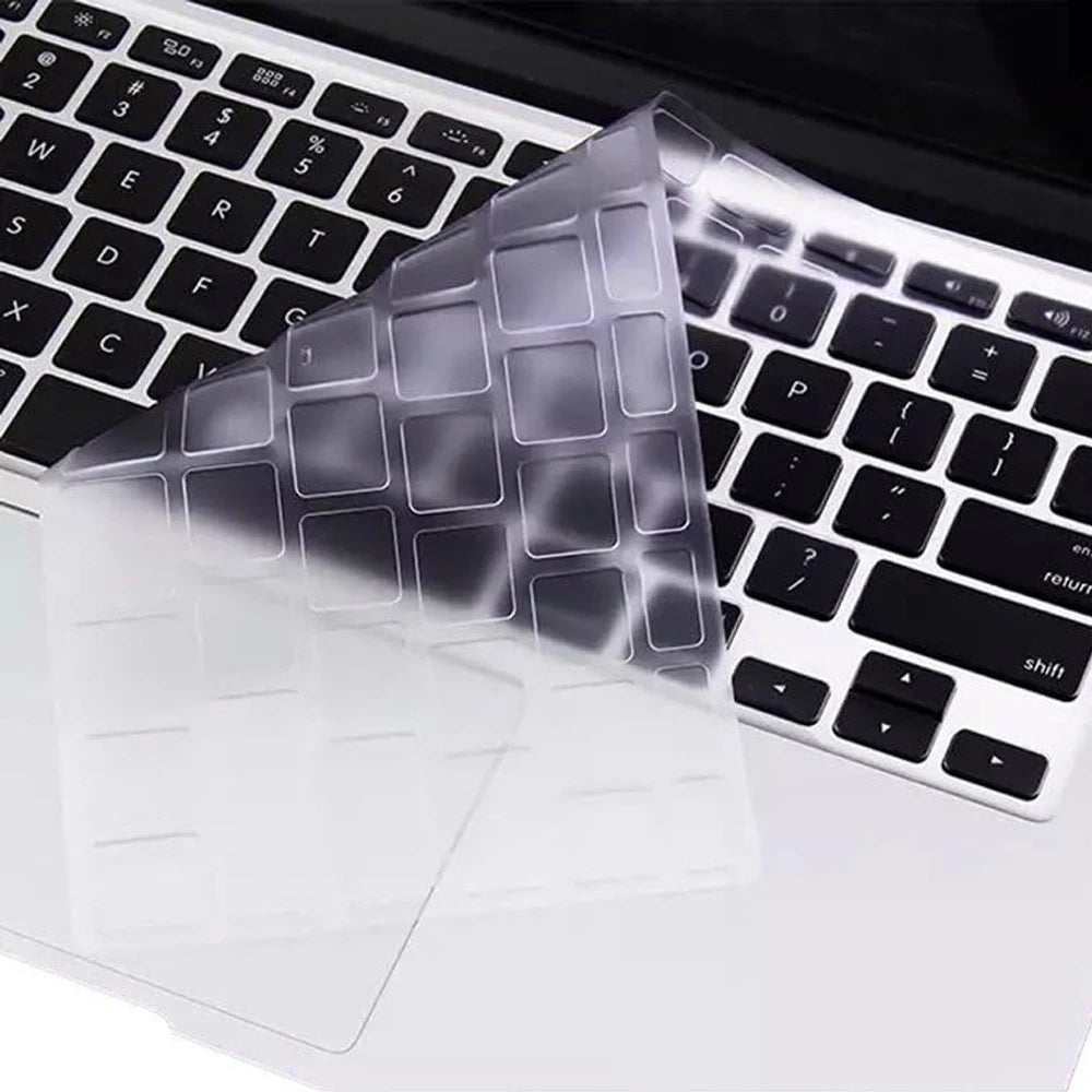 A clear silicone keyboard cover for a MacBook keyboard, showing the texture and fit.