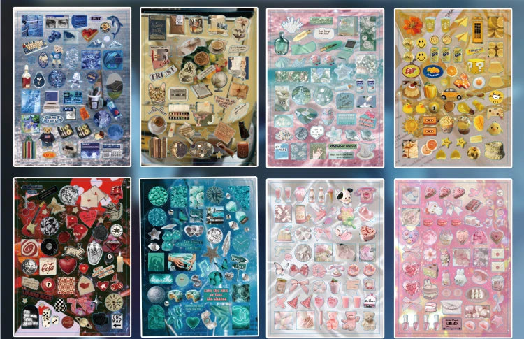 A collection of colorful Y2K aesthetic cut film stickers featuring various designs and textures.