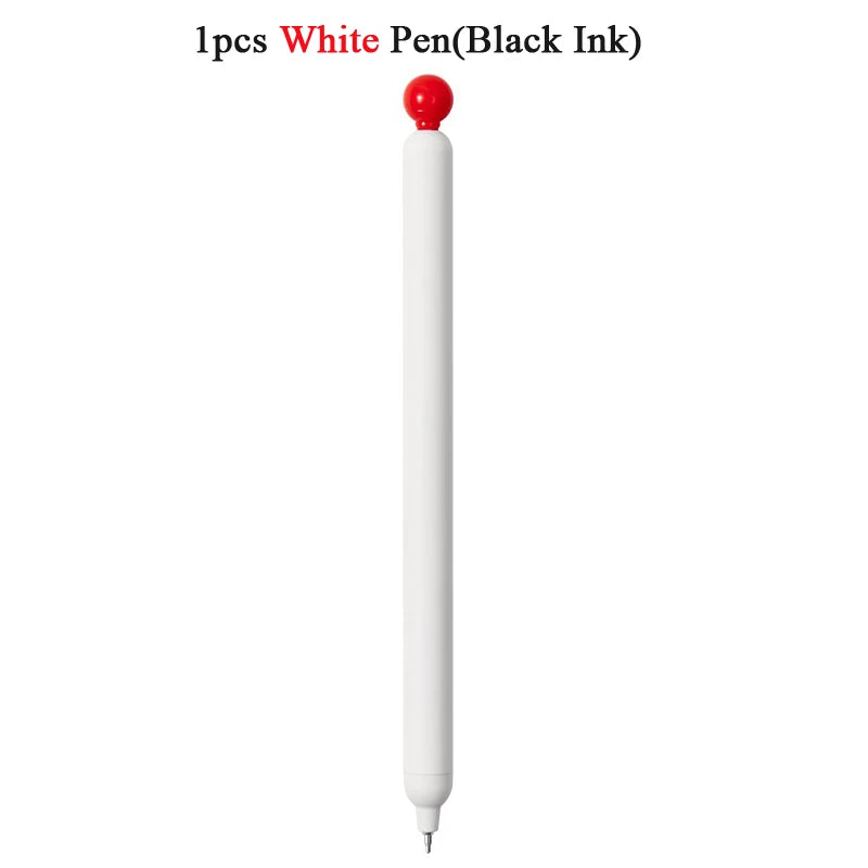 A white smooth gel pen with a red tip and black ink, shown vertically.
