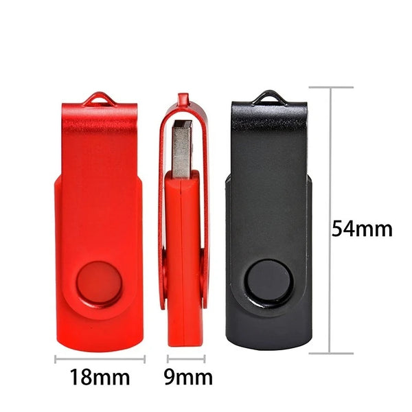 A set of red and black metal flash drives with various sizes shown next to a measurement scale.