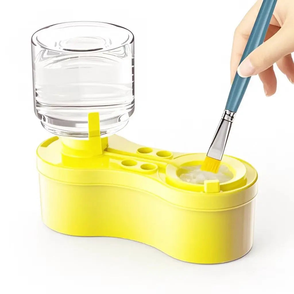 A yellow paint brush cleaning set with a glass jar and a blue brush is shown on a white background.