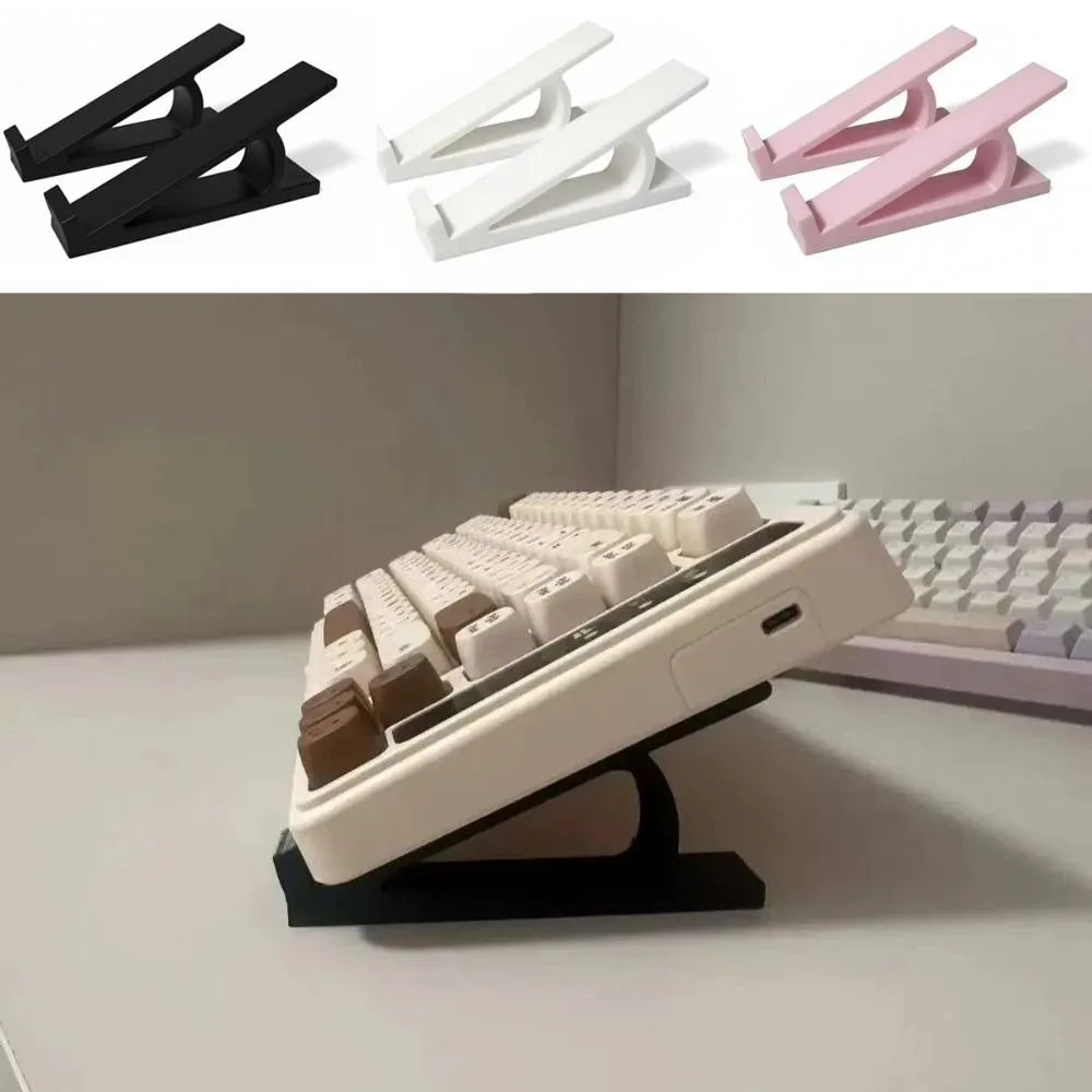 Ergonomic keyboard height adjuster stand shown in black, white, and pink variations.