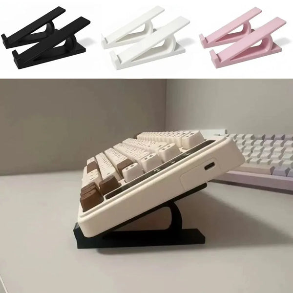 Ergonomic keyboard height adjuster stand shown in black, white, and pink variations.