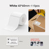 White thermal transfer sticker roll measuring 40x60mm with examples of its size and application.