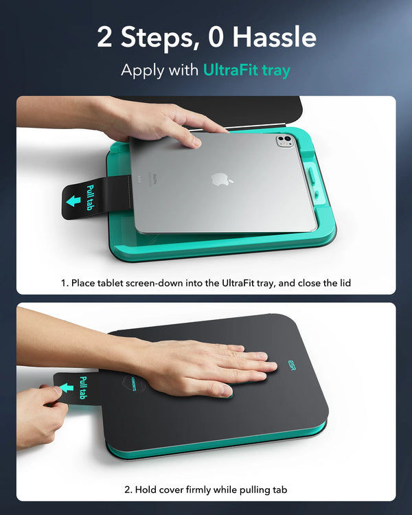 Instructions showing how to apply a screen protector with the UltraFit tray and pull tab on an iPad.