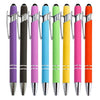 A row of nine metal 2-in-1 stylus pens in various colors including purple, black, pink, blue, green, and yellow.