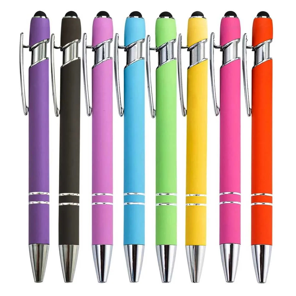 A row of nine metal 2-in-1 stylus pens in various colors including purple, black, pink, blue, green, and yellow.