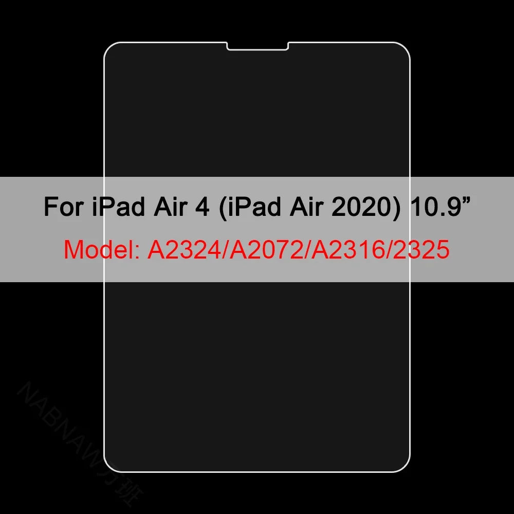 A transparent tempered glass screen protector for an iPad Air 4 (iPad Air 2020) with model numbers A2324/A2072/A2316/2325.