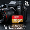 A black camera body with a lens and an SD card is shown next to a SanDian Extreme memory card.