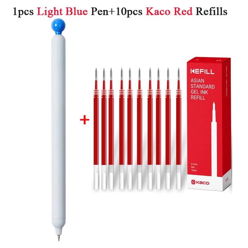 A set of 1 light blue pen and 10 red Kaco ink refills in a red box.