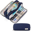 A navy blue pencil pouch with a light gray lining holds various colored pens and pencils.