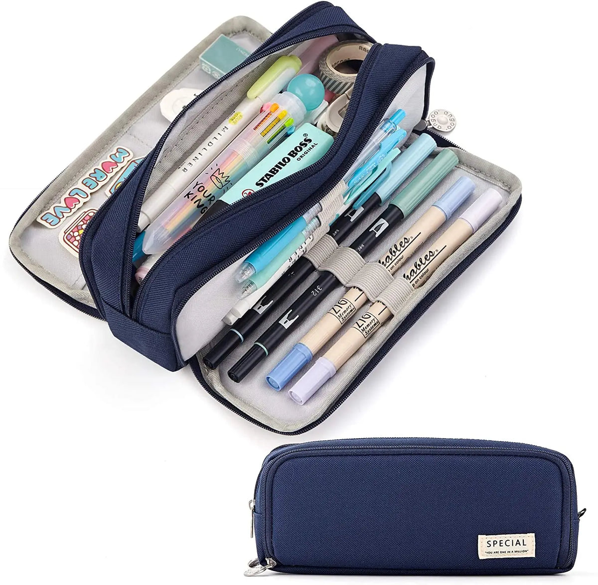 A navy blue pencil pouch with a light gray lining holds various colored pens and pencils.