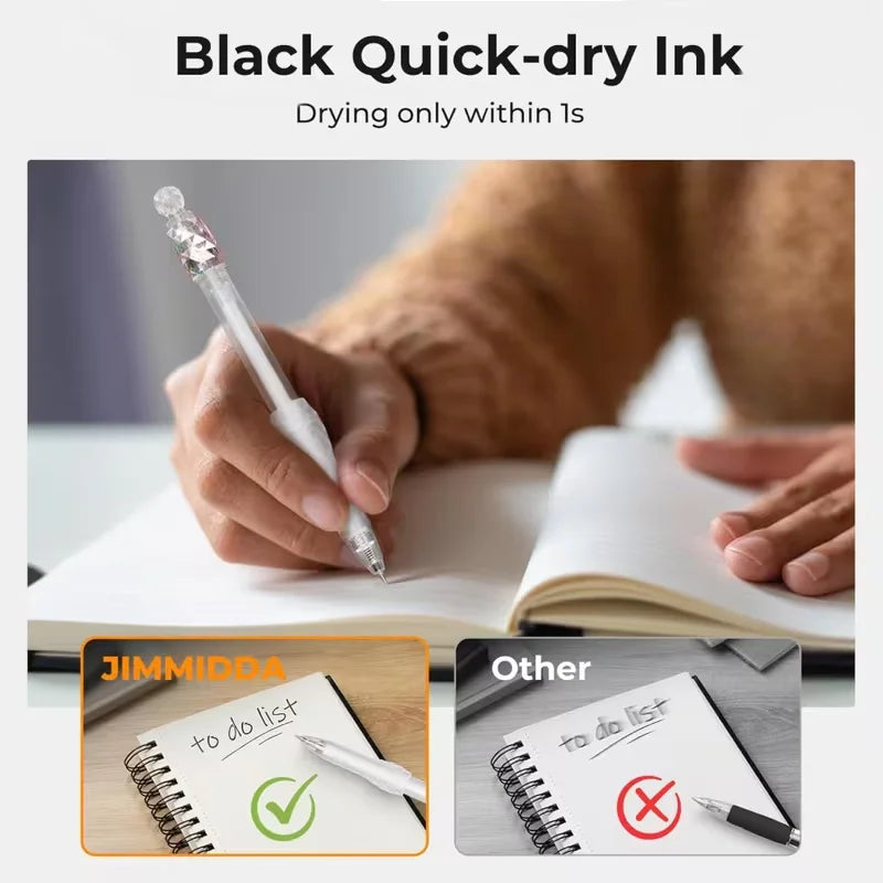 Eine Hand schreibt mit einem schnelltrocknenden Tintenstift in einem Notizbuch und demonstriert die schnelle Trocknungsfunkti