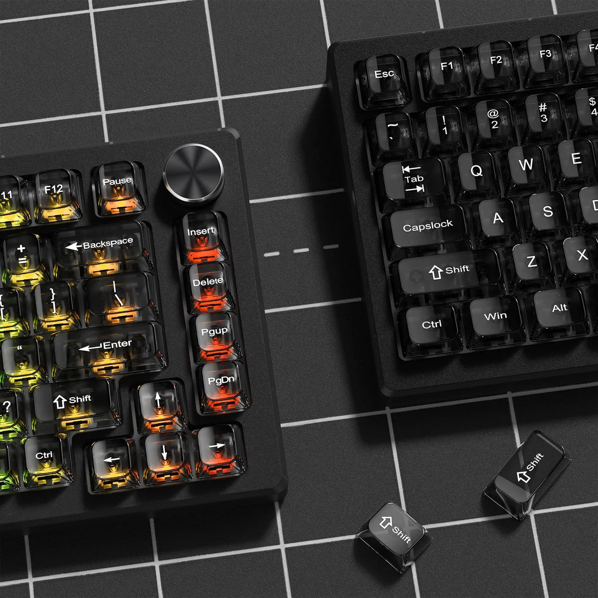 A close-up view of a black mechanical keyboard with crystal clear RGB keycaps and a separate Shift keycap.