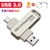 A silver 2-in-1 USB 3.0 flash drive with a metal clip and a Type-C connector.