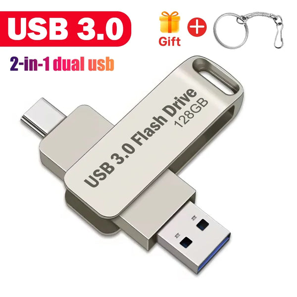 Clé USB 2-en-1 argentée avec clip métallique et connecteur Type-C.