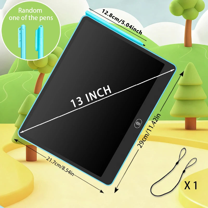 A black 13 inch interactive LCD writing tablet is shown with a pen and charging cable in an outdoor setting.