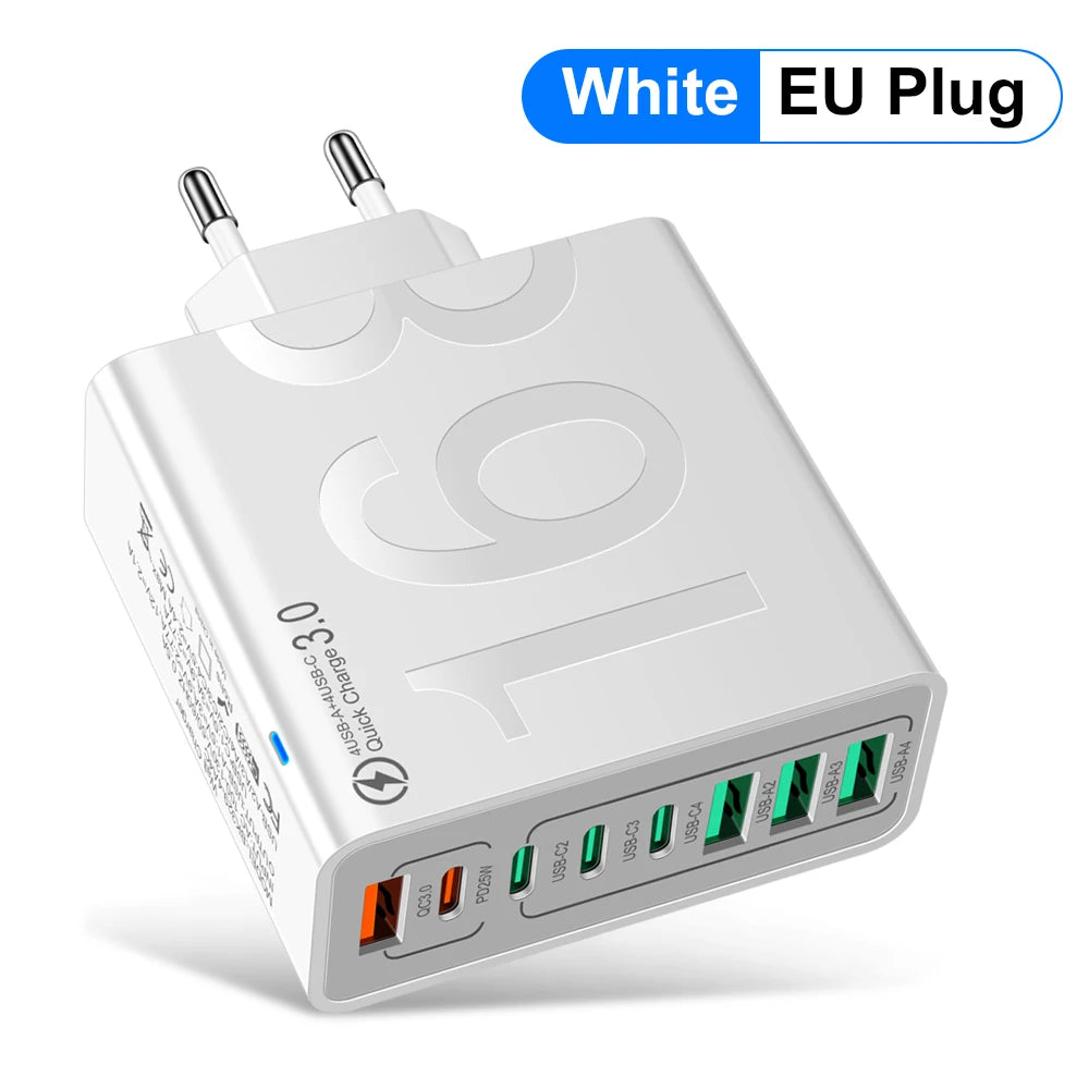 White EU plug multi-port charging adapter with USB ports