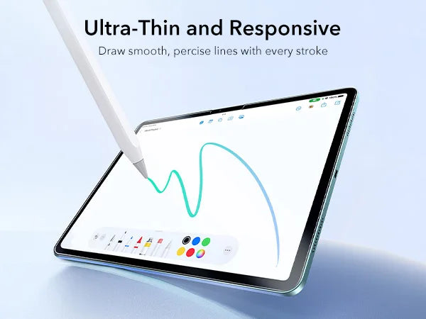 Ein Stift zieht eine Linie auf einem iPad-Bildschirm, die eine farbenfrohe, fließende Linie zeigt.