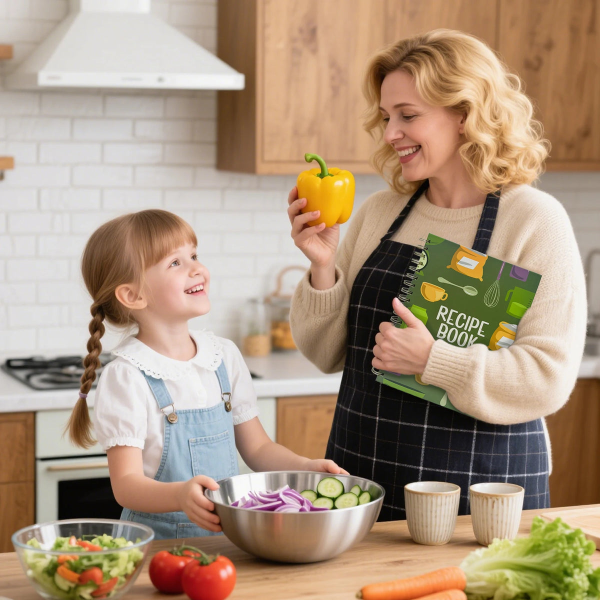 A smiling woman is showing a recipe book to a young girl in a kitchen setting.