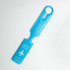 A bright blue plastic luggage tag with a hook and the text Happy Flight and Happy Flight to Luggage City