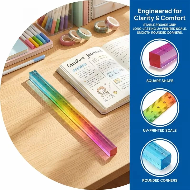 A colorful straight-edge geometric drawing cube with UV-printed scale and smooth rounded corners is shown on a wooden surface
