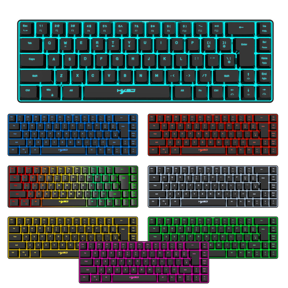 A collection of various 68-key wired RGB gaming keyboards in different colors including black, blue, red, orange, green, and 
