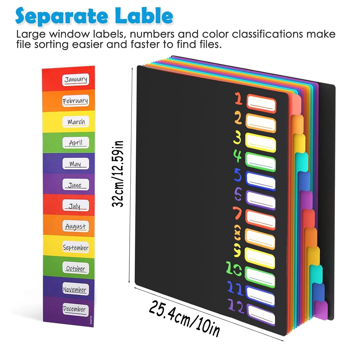A set of A4 file folders with monthly dividers and color tabs for easy file sorting.