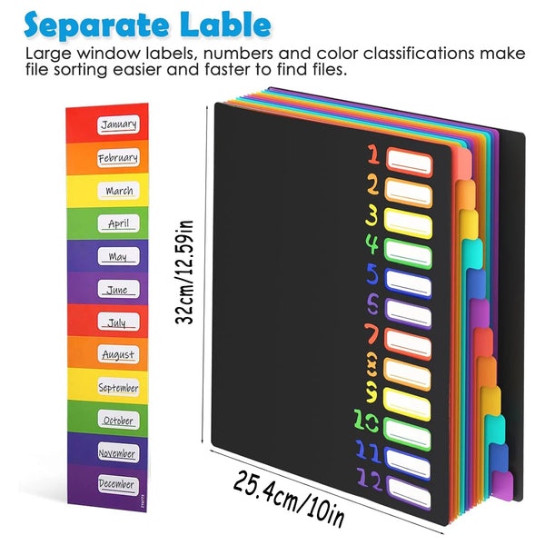 A set of A4 file folders with monthly dividers and color tabs for easy file sorting.