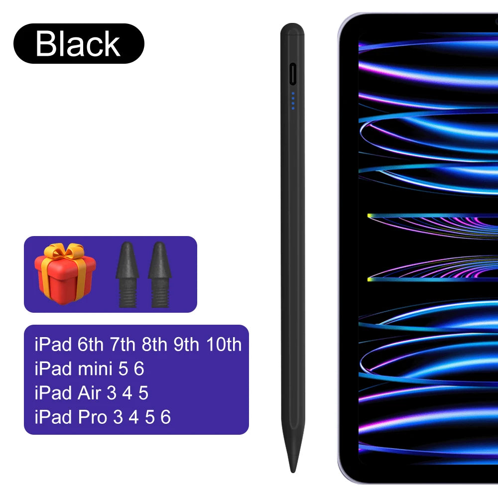 Black precision capacitive stylus pen for various iPad models including 6th through 10th generation and mini 5/6.
