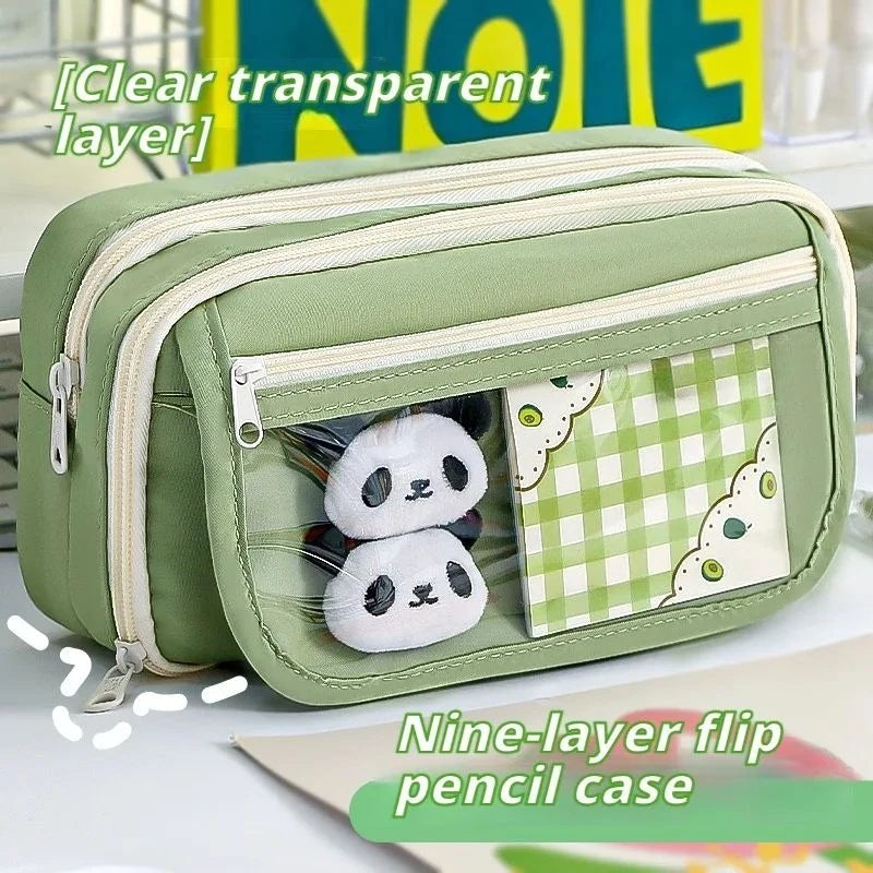 A light green nine-layer flip pencil case with a transparent pocket featuring cute panda charms.