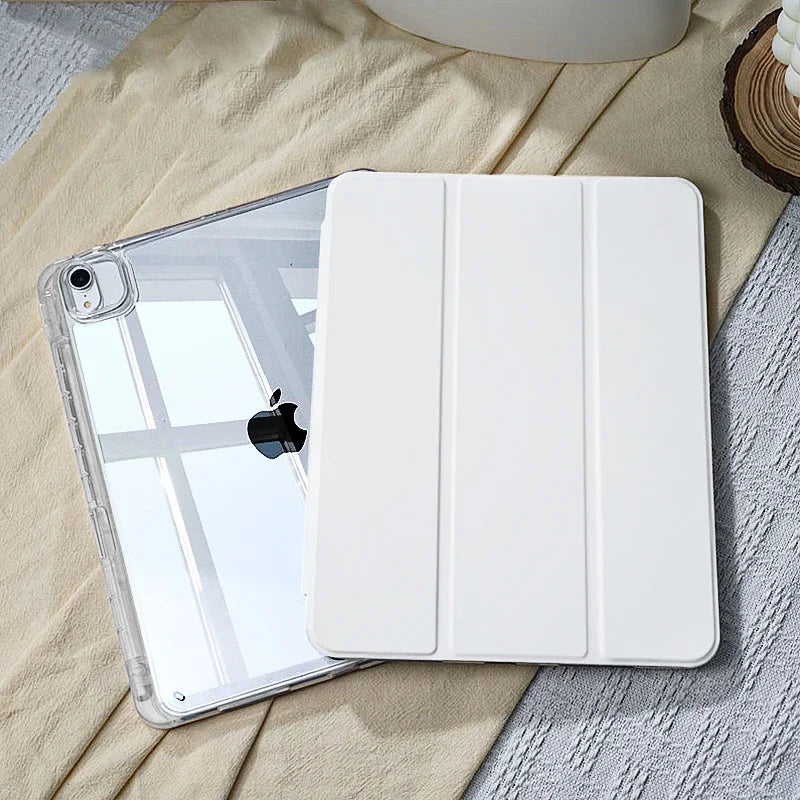 A white universal protective case for an Apple iPad is shown resting on a light beige fabric.