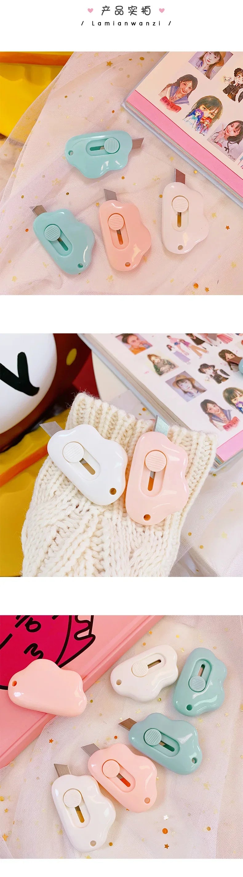 A collection of adorable cat paw mini cutters in various pastel colors, including pink, mint green, and white, displayed on a