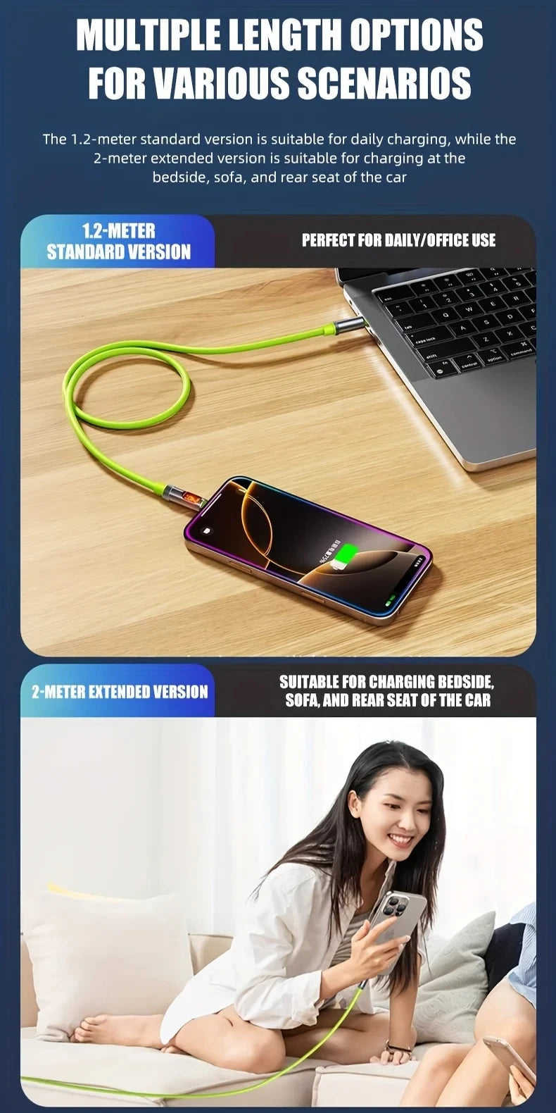 A green charging cable is shown next to a smartphone, illustrating multiple length options for various scenarios.