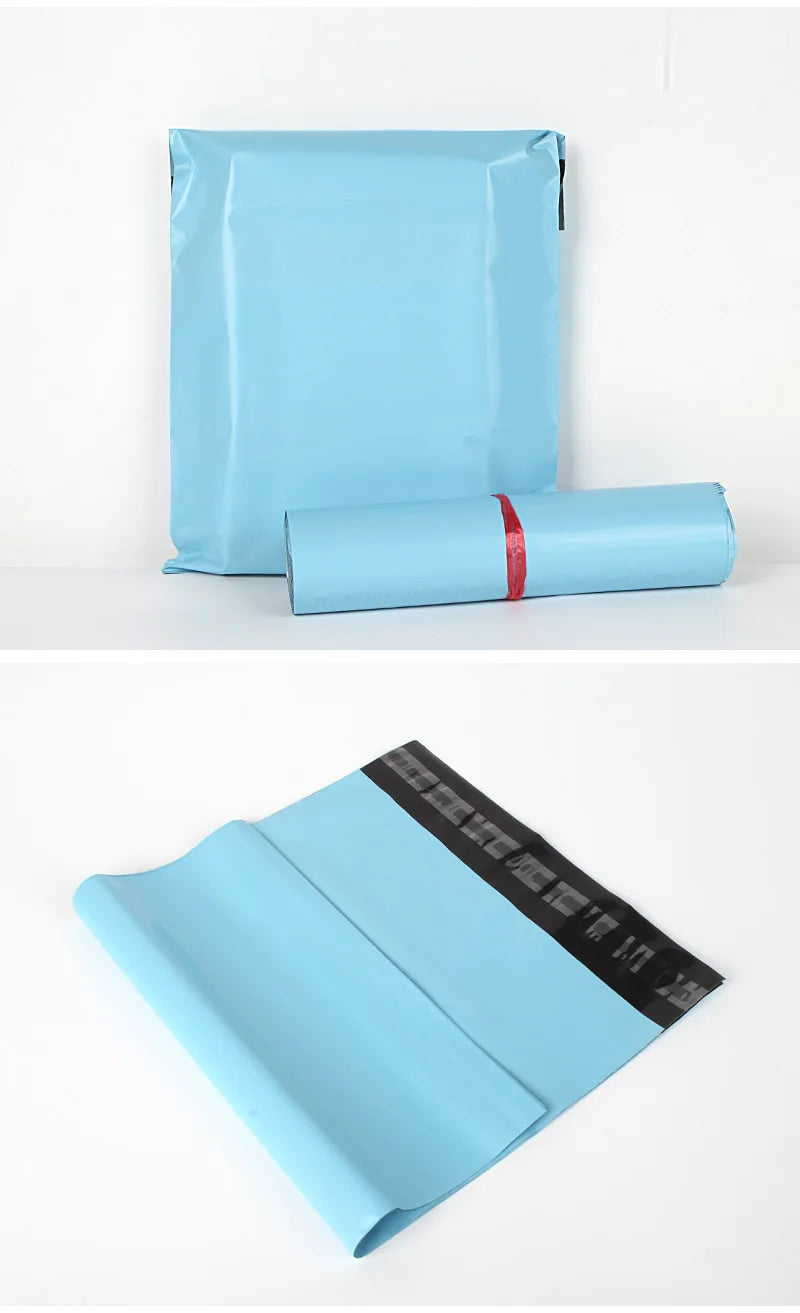A light blue reusable waterproof poly shipping bag and a rolled-up version of the same bag.