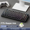 A black F75 Reaper Axis mechanical keyboard with RGB lighting and a white gasket mount shown next to a controller.