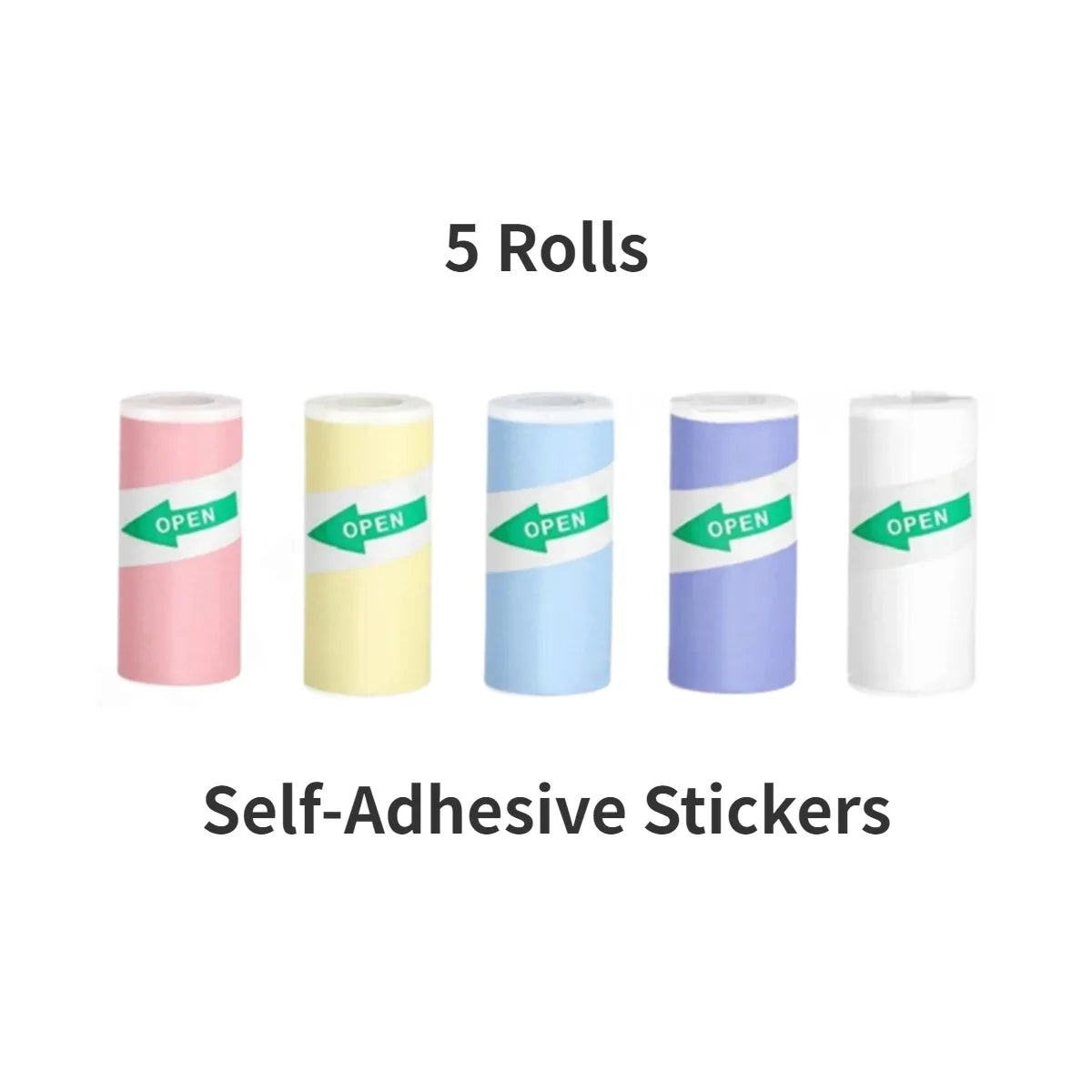 Fünf Rollen selbstklebender Aufkleber in rosa, gelb, blau, lila und weiß.