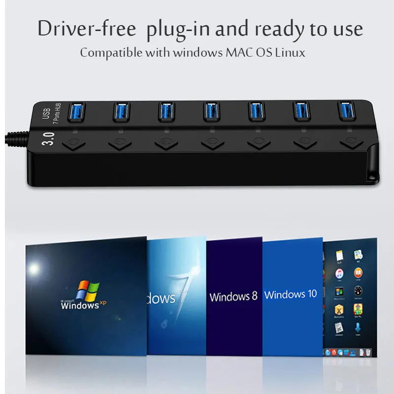 Black 7-port USB 3.0 hub extender with multiple colored USB cables displayed on a white background.
