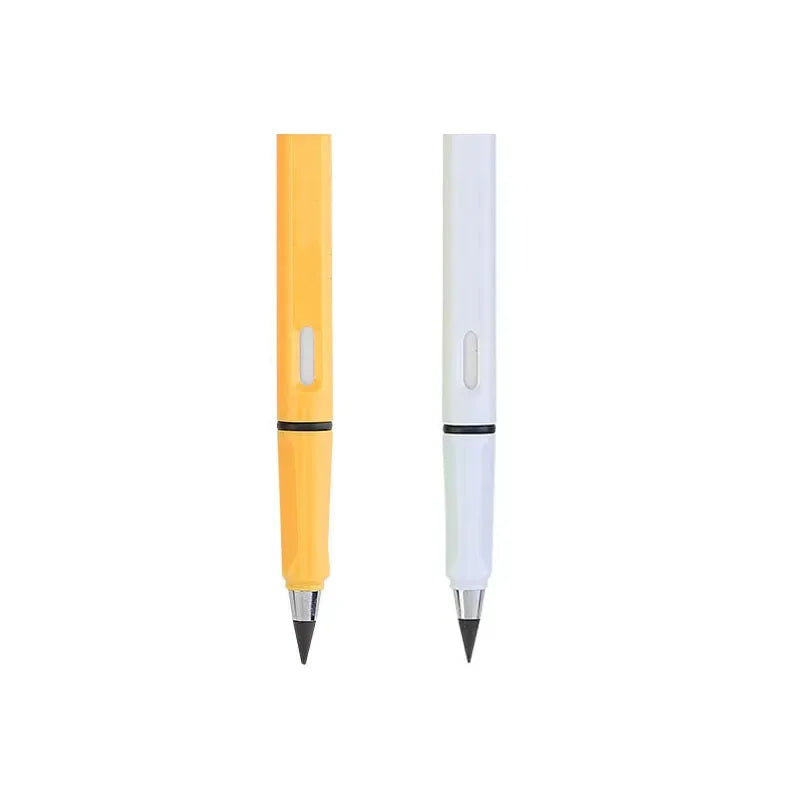 Un crayon à écrire illimité jaune et blanc, montré verticalement.