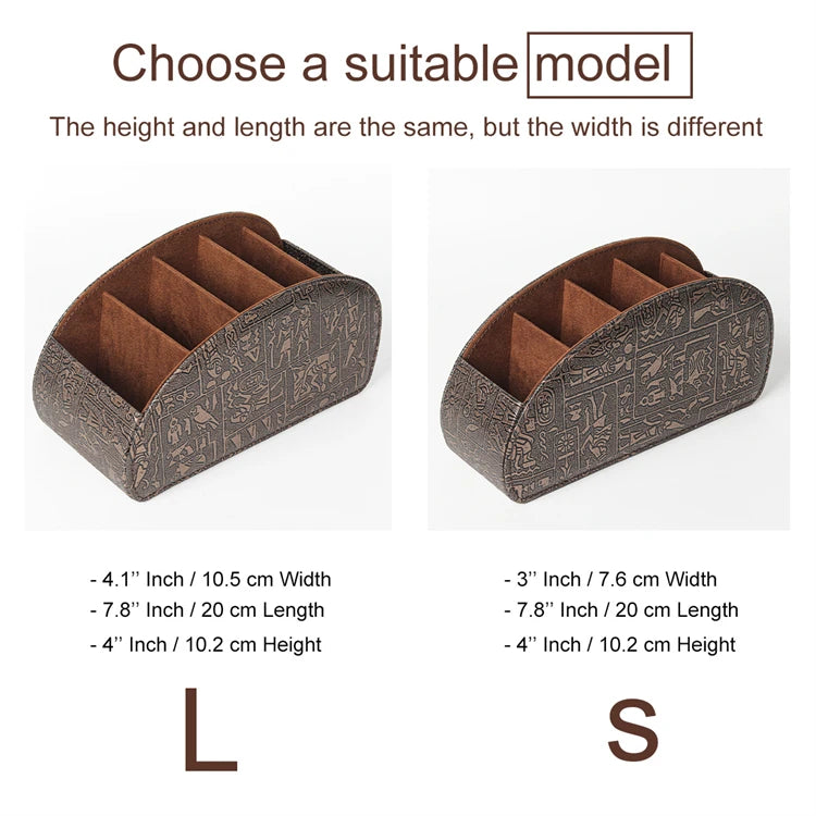 Two models of a 5-compartment PU leather TV remote caddy organizer, labeled L and S, showing different widths.