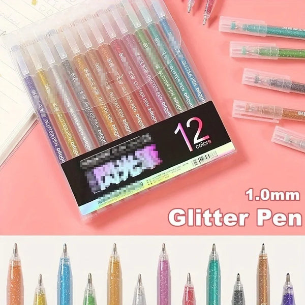 A collection of 12 glitter pens in various colors is displayed on a pink background.