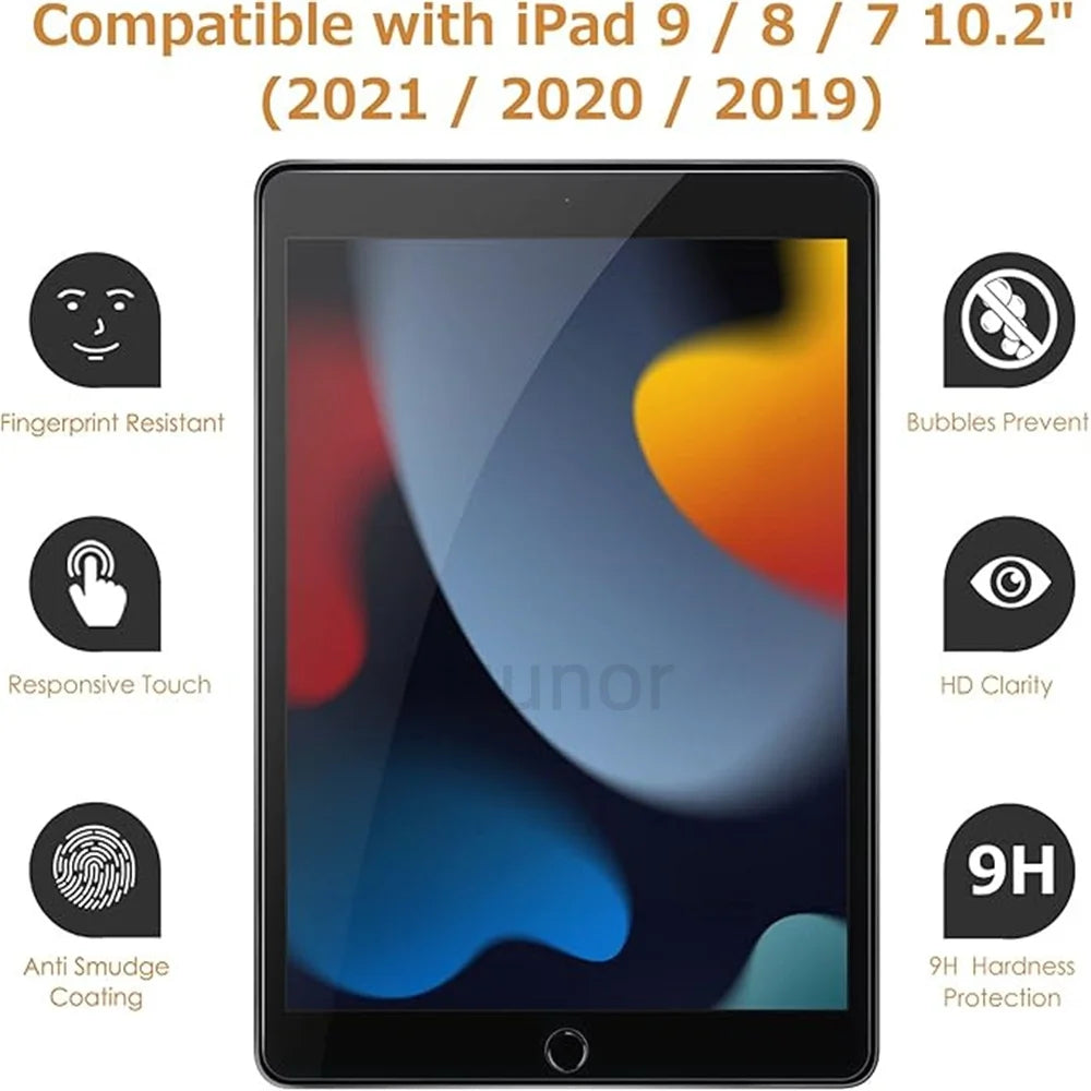 A black tablet screen protector for iPad models 9, 8, 7, and 10.2 inches, highlighting features like fingerprint resistance a
