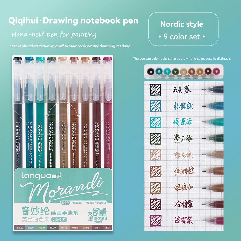 A set of Morandi gel pens in nine colors displayed alongside a drawing notebook and pen set.