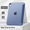 A light blue iPad in a translucent colored back cover with a dark blue protective case.