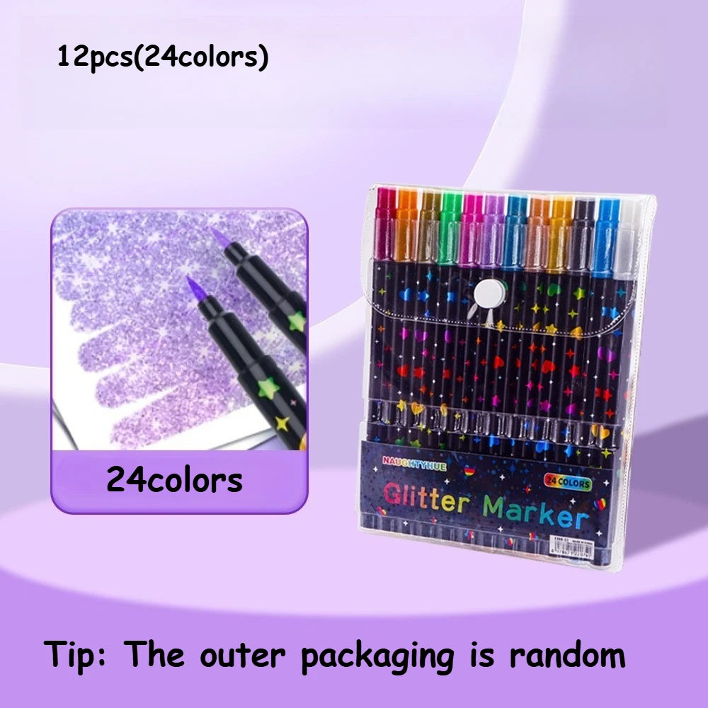 Ein Set von 12 Glitzer-Marker mit 24 Farben vor einem lila Hintergrund.